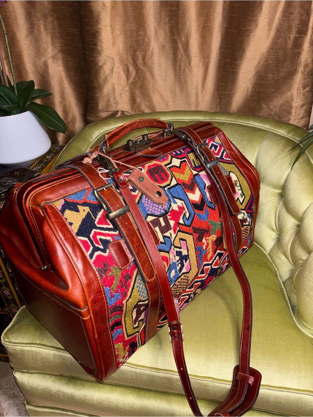 Vintage Kilim Large Turkish Wool Travel Carry Bag Rust Tan Blue Brown Leather - Picture 5 of 15